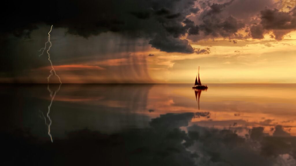A striking seascape featuring a sailboat, lightning, and storm clouds at sunset.